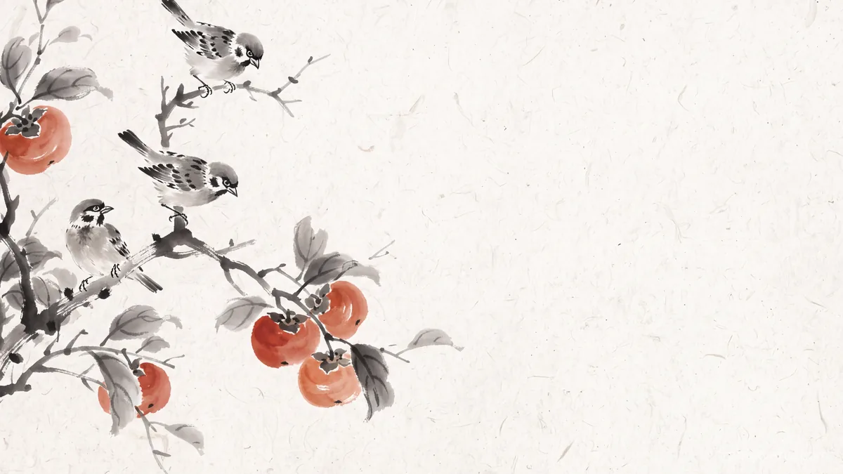 Sparrows on a persimmon branch – zen sumi-e ink wash Samsung Frame TV art, 4K