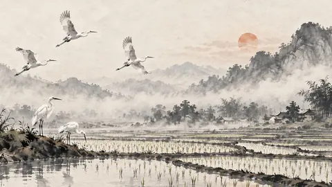 Egrets over flooded paddy terraces – zen sumi-e ink wash Frame TV art