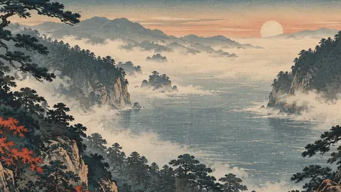 Mist between two forested headlands – japanese-inspired woodblock print Frame TV art