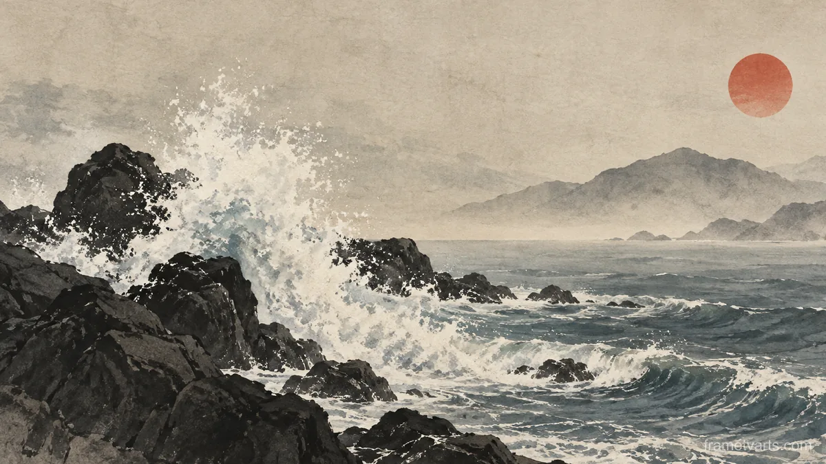 Wave breaking on black rocks – japanese-inspired minimal composition Samsung Frame TV art, 4K