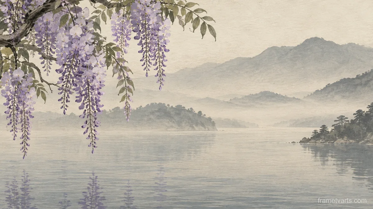 Wisteria trailing over water – japanese-inspired minimal composition Samsung Frame TV art, 4K