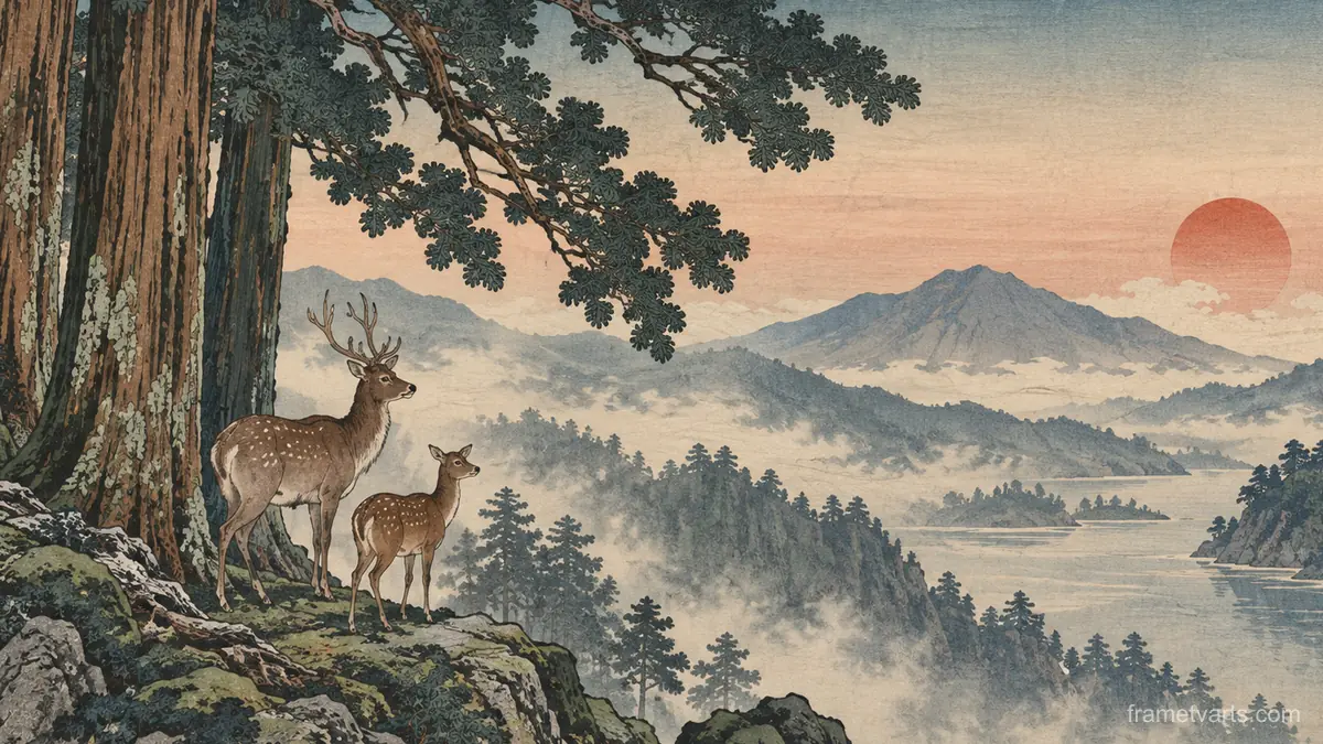 Deer beneath ancient cedars – japanese-inspired woodblock print Samsung Frame TV art, 4K