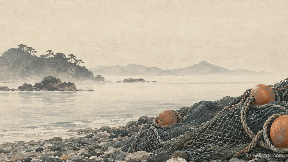 Fishing nets and floats on a pebble shore – japanese-inspired minimal composition Samsung Frame TV art, 4K