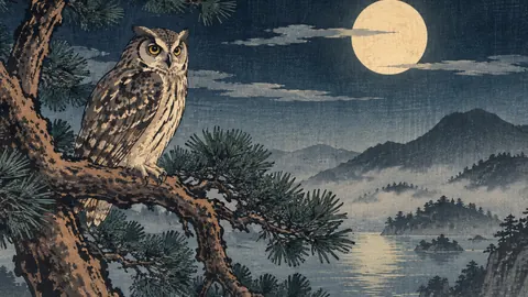 Owl on a pine bough at night – japanese-inspired woodblock print Frame TV art