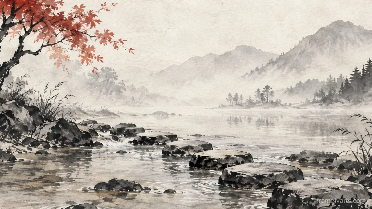 Stepping stones across a shallow stream – zen sumi-e ink wash Samsung Frame TV art, 4K
