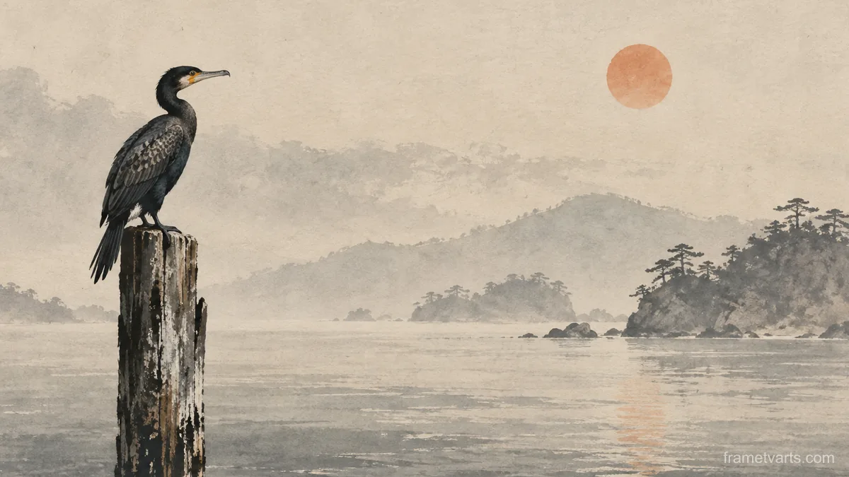 Cormorant on a weathered post – japanese-inspired minimal composition Samsung Frame TV art, 4K