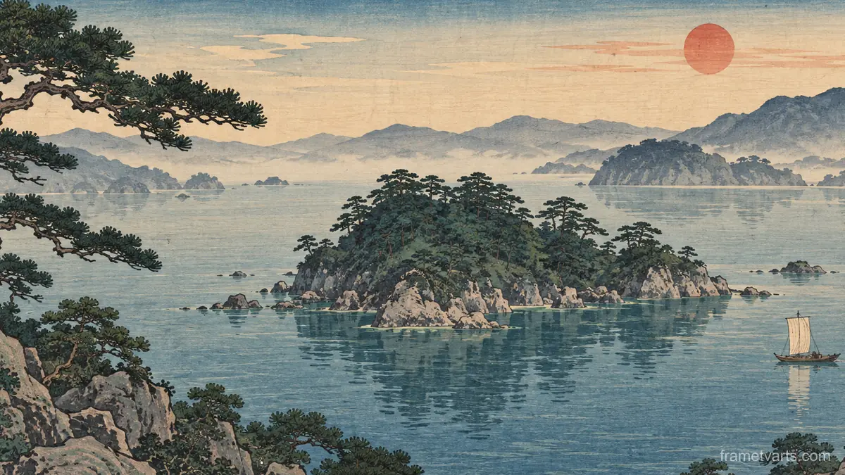 Pine island in a calm bay – japanese-inspired woodblock print Samsung Frame TV art, 4K