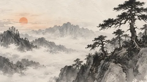 Ink-dark pines on a ridge – zen sumi-e ink wash Frame TV art