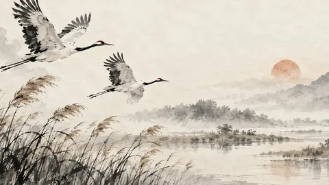 Crane pair in flight over reeds – zen sumi-e ink wash Frame TV art