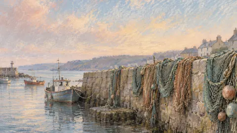 Fishing nets drying on a harbour wall – muted pastel organic abstraction Frame TV art