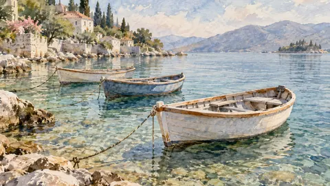 Rowboats moored in clear shallows – elegant watercolor Frame TV art