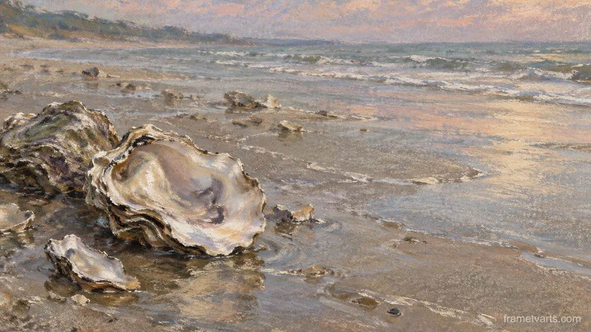 Oyster shells on wet sand – chalk pastel study Samsung Frame TV art, 4K