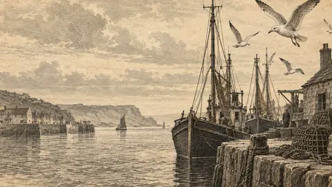 Gulls above a fishing quay – vintage plate engraving Frame TV art