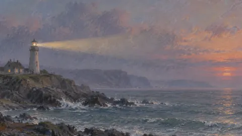 Lighthouse beam in evening haze – soft pastel drawing Frame TV art