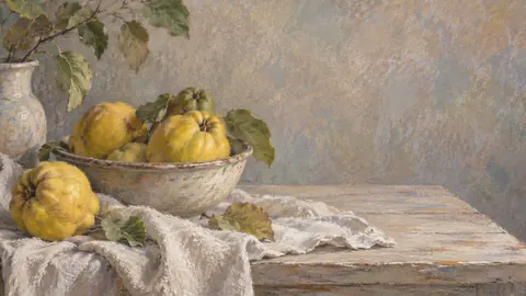 Quinces and a linen cloth on a scrubbed table – soft pastel drawing Frame TV art