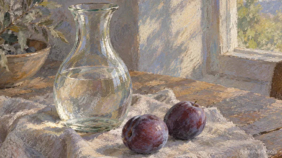 Glass carafe and two plums in window light – chalk pastel study Samsung Frame TV art, 4K