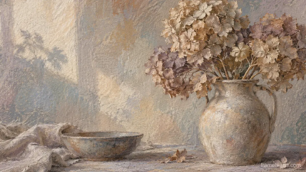 Dried hydrangea in a stoneware jug – muted pastel organic abstraction Samsung Frame TV art, 4K