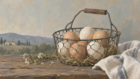 Eggs in a wire basket beside a cloth – naturalist gouache Frame TV art