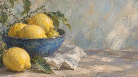 Lemons in a blue bowl – soft pastel drawing Frame TV art