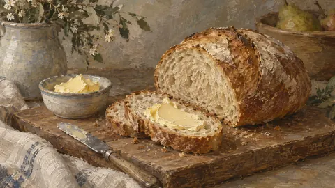Bread and butter on a board – tonal oil painting Frame TV art