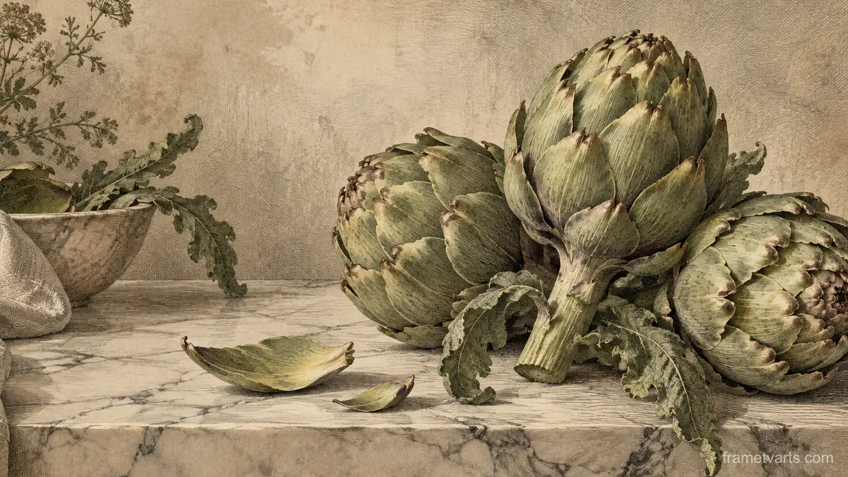 Artichokes on a marble slab – vintage plate engraving Samsung Frame TV art, 4K