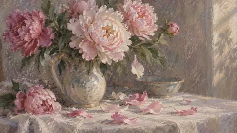 Peonies dropping petals on a table – chalk pastel study Frame TV art