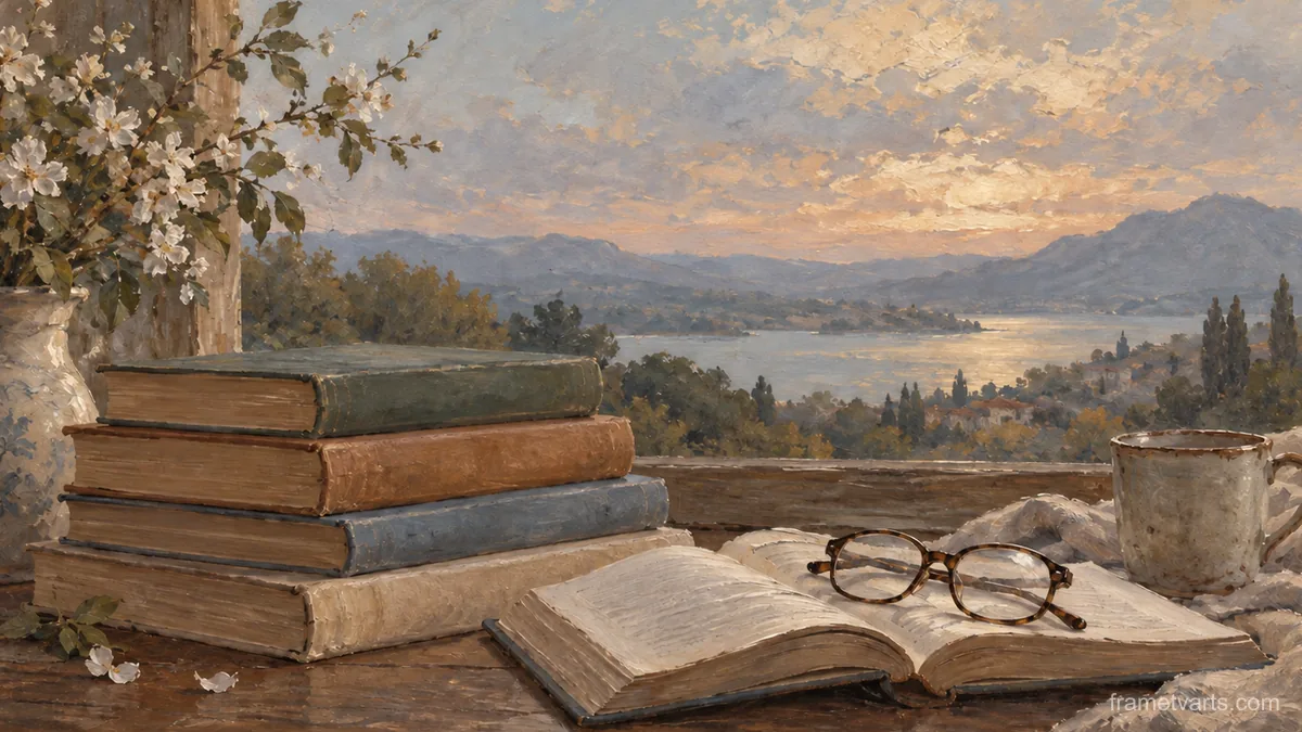 Unmarked books and reading glasses – tonal oil painting Samsung Frame TV art, 4K