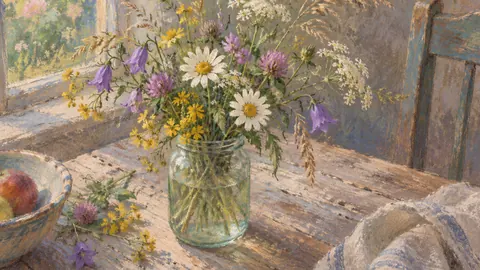Wildflowers in a jam jar – chalk pastel study Frame TV art