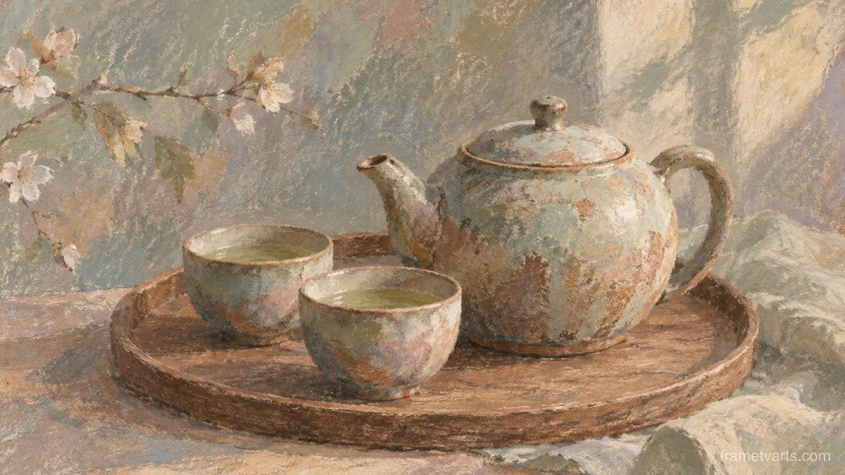 Teapot and two cups on a tray – muted pastel organic abstraction Samsung Frame TV art, 4K