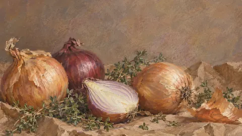 Onions and thyme on brown paper – soft pastel drawing Frame TV art