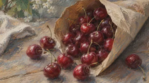 Cherries in a paper cone – chalk pastel study Frame TV art