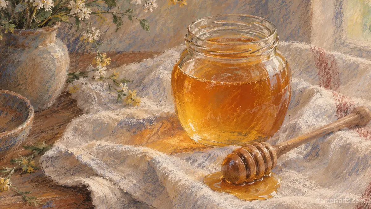 Honey jar and dipper on a cloth – soft pastel drawing Samsung Frame TV art, 4K