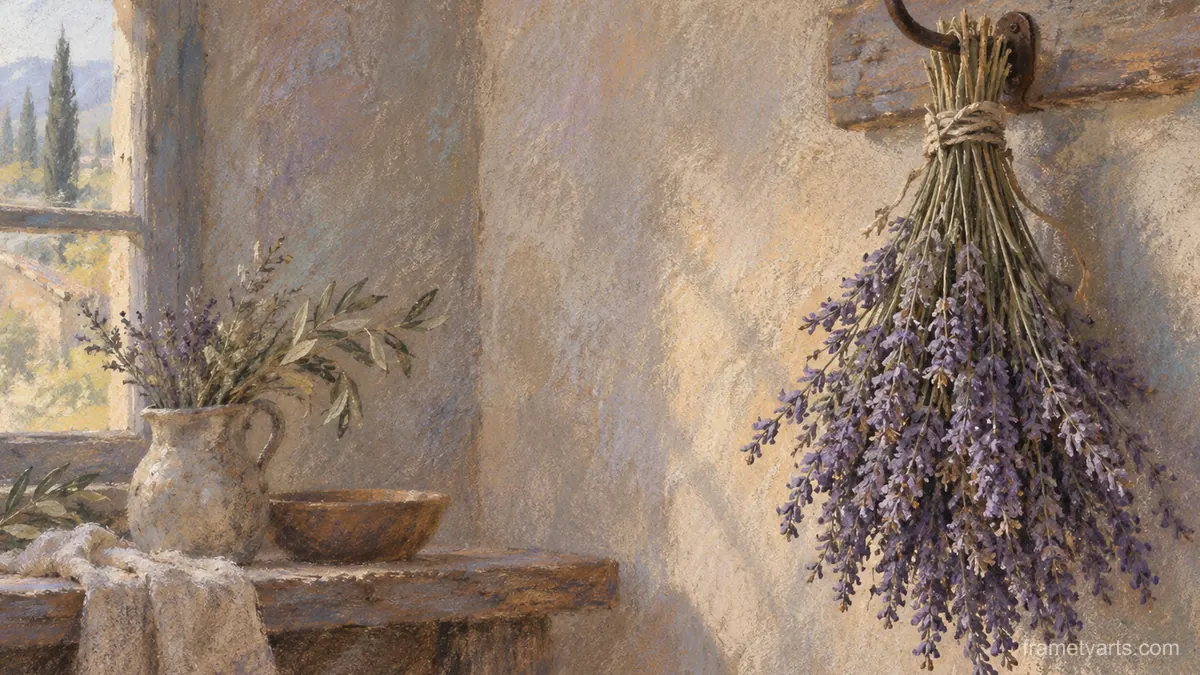 Lavender bunch drying on a hook – chalk pastel study Samsung Frame TV art, 4K