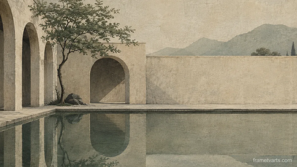 Courtyard arches around a still pool – japanese-inspired minimal composition Samsung Frame TV art, 4K