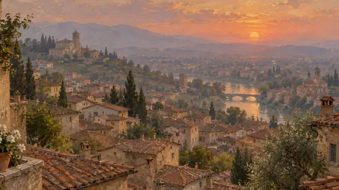 Terracotta rooftops in evening haze – atmospheric oil painting Frame TV art