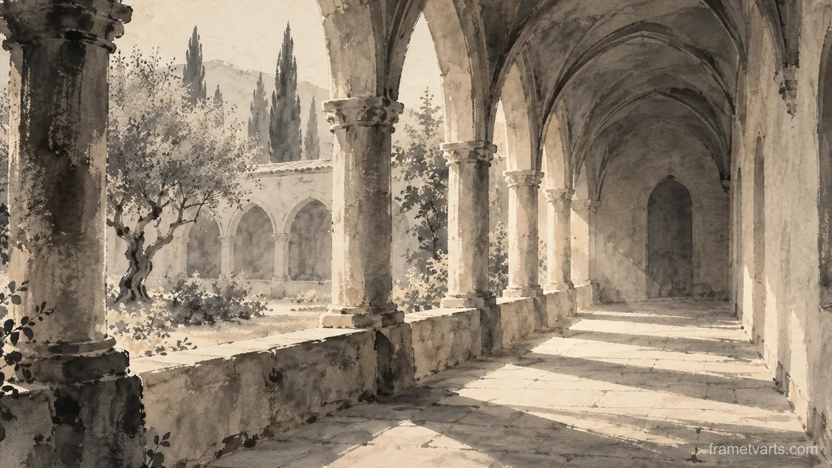 Cloister walk in raking light – zen sumi-e ink wash Samsung Frame TV art, 4K