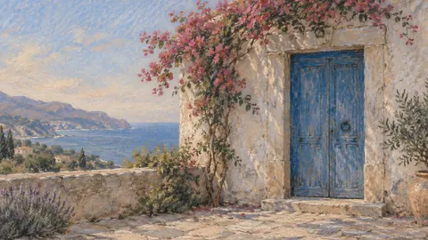 Blue door in a plaster wall – soft pastel drawing Frame TV art