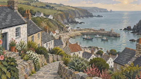 Fishermen's cottages on a slope – decorative folk gouache Frame TV art