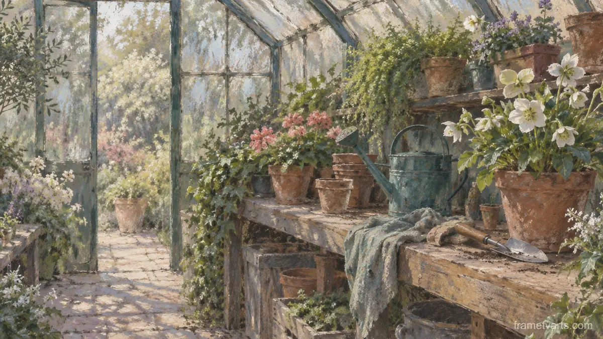 Greenhouse panes and staging – chalk pastel study Samsung Frame TV art, 4K