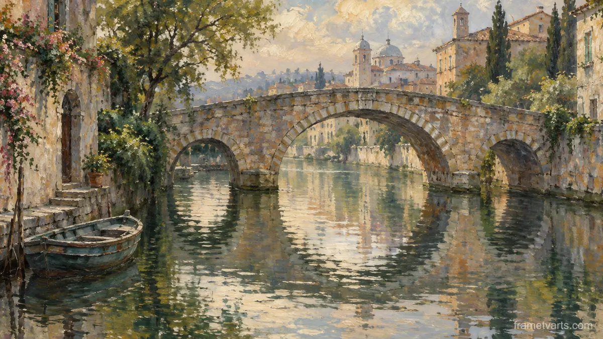 Bridge arches reflected in canal water – impressionist oil painting Samsung Frame TV art, 4K