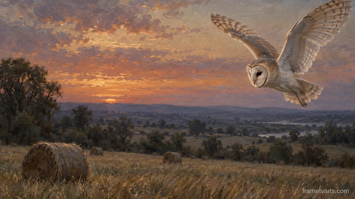 Barn owl over a hay meadow at dusk – atmospheric oil painting Samsung Frame TV art, 4K