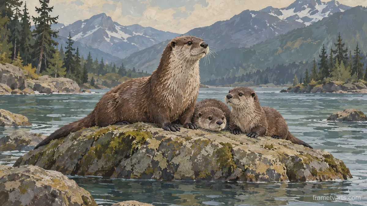 Otters on a river rock – naturalist gouache Samsung Frame TV art, 4K