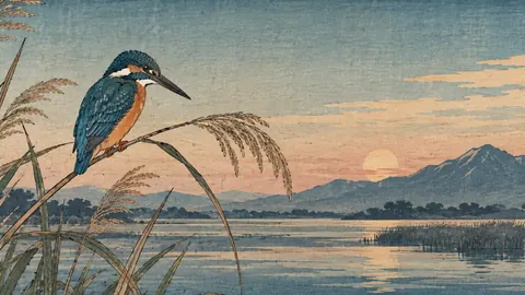 Kingfisher on a reed stem – japanese-inspired woodblock print Frame TV art