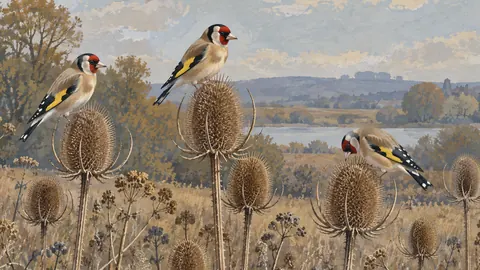 Goldfinches on teasel heads – naturalist gouache Frame TV art