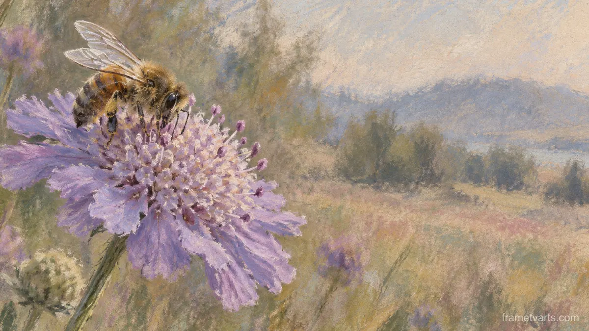 Bee on a scabious flower – chalk pastel study Samsung Frame TV art, 4K