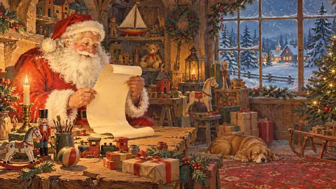 Santa checking a long list by candlelight in a cosy workshop – vintage christmas card illustration Frame TV art