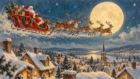 Santa and a sleigh crossing a full moon above snowy rooftops – vintage christmas card illustration Frame TV art