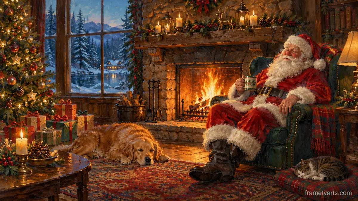 Santa resting in an armchair beside a crackling fireplace – tonal oil painting Samsung Frame TV art, 4K