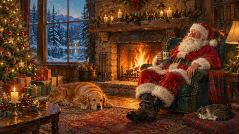 Santa resting in an armchair beside a crackling fireplace – tonal oil painting Frame TV art