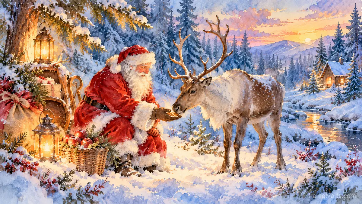 Santa feeding a reindeer in a snowy forest clearing – elegant watercolor Samsung Frame TV art, 4K